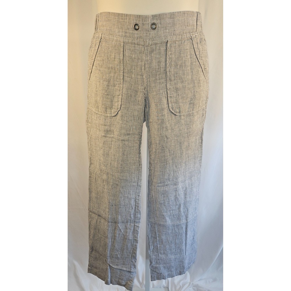 Athleta Blue White Striped Linen Pants Sailor Patch Pocket Coastal Women 6